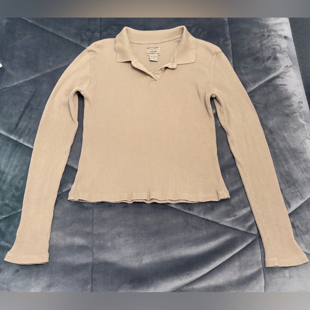 VTG Y2K Abercrombie & Fitch Cropped Taupe Ribbed Long Sleeve Polo Top Sz Med